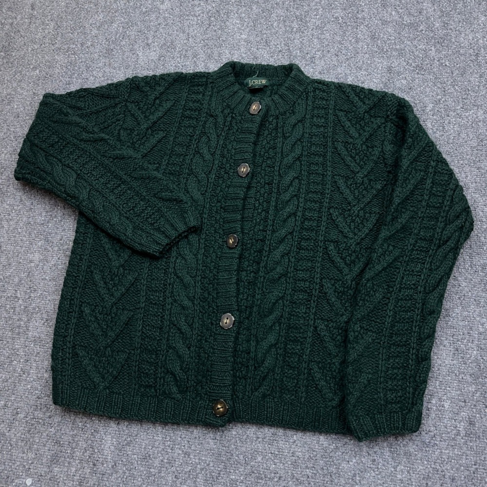 Vintage J.Crew Cardigan Sweater Women's Medium Green 100% Wool Cable Knit Button